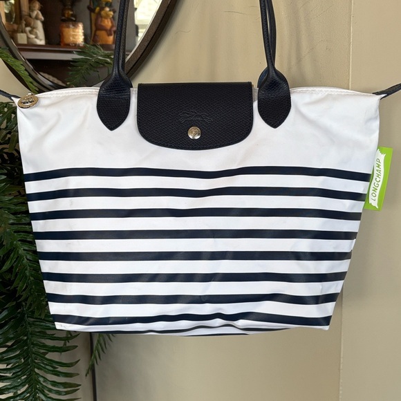Longchamp Le Pliage Mariniere Zippered Shoulder Tote Blue White Nautical Stripes - Picture 16 of 16
